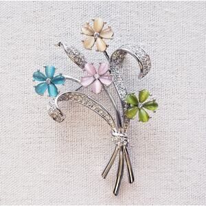 Butler Brooch Flower Bouquet Spring Floral Rhinestone Silver Tone 2007 Signed 3"